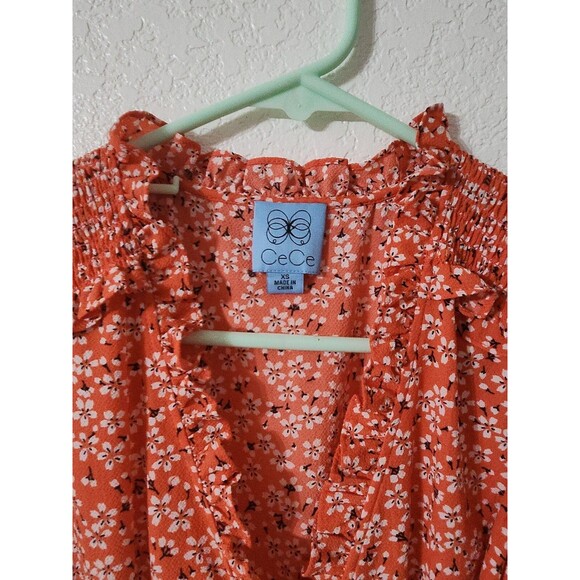 CeCe Wrap Dress Womens Extra Small XS Tie Floral Spring Ruffle Bay Coral - Picture 5 of 10